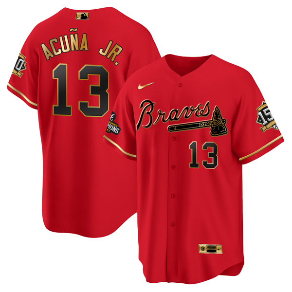 Men's Atlanta Braves #13 Ronald Acuña Jr. 2021 Red/Gold World Series Champions With 150th Anniversary Patch Cool Base Stitched Jersey